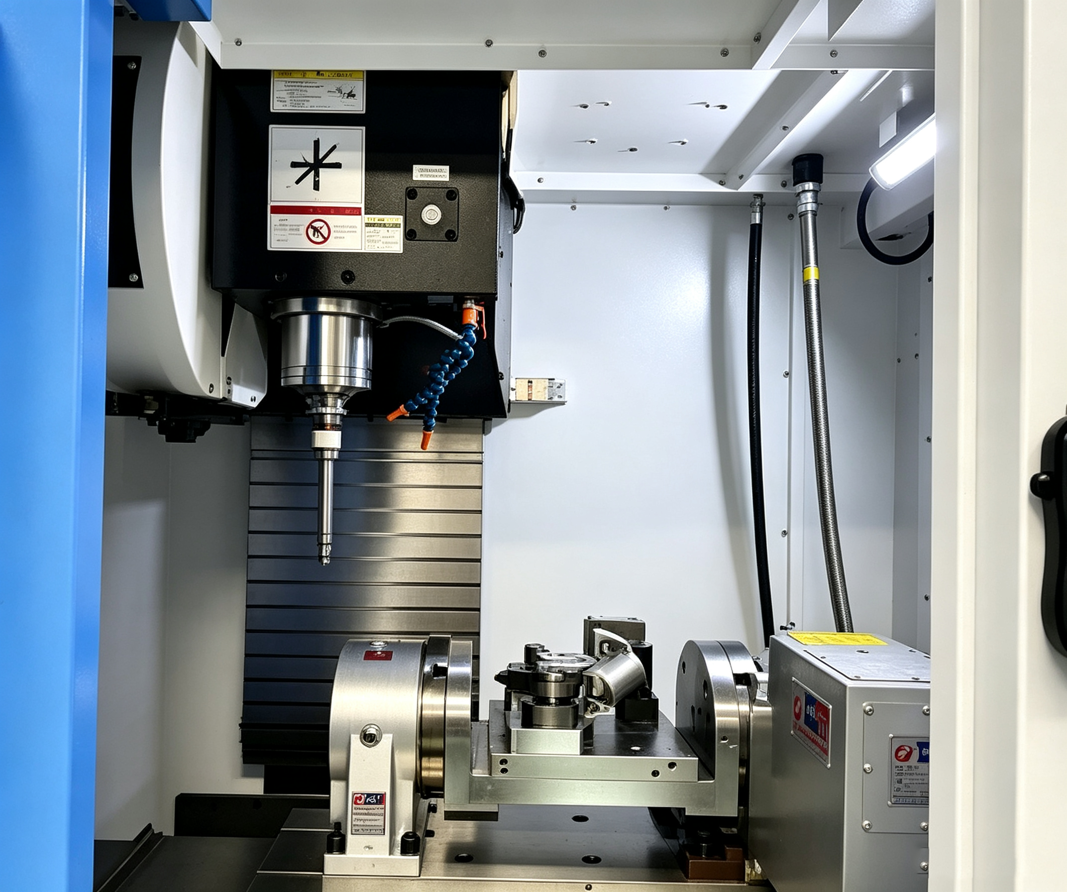 4‑Achs‑CNC‑Bearbeitungszentrum mit zwei Rundachsen‑Schwenkeinheit zur hochpräzisen Zerspanung von Aluminium‑Gussteilen.